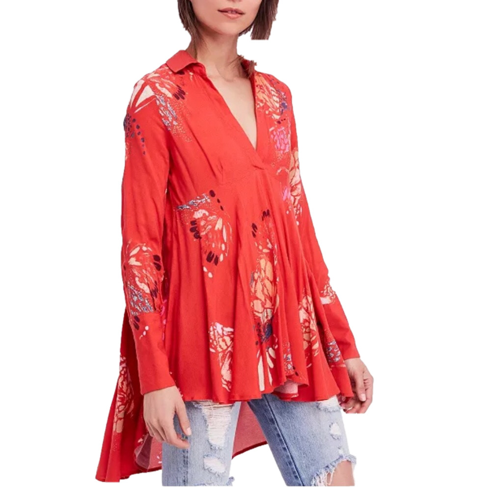 FREE PEOPLE XS Red Field Of Butterflies Lightweight Rayon Tunic Top Boho Hi Low
